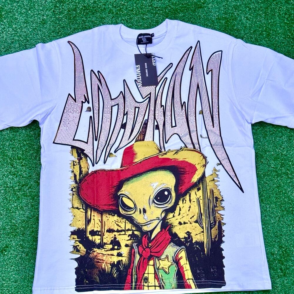 MIXED EMOTIONS Rhinestone Alien Cowboy T Shirt New With Tag SEALED